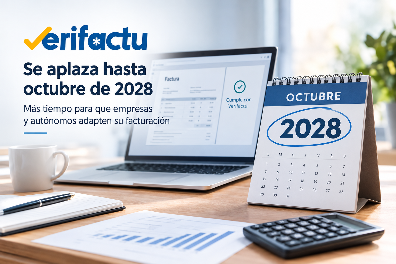 Aplazamiento de Verifactu hasta octubre de 2028 para empresas y autónomos.